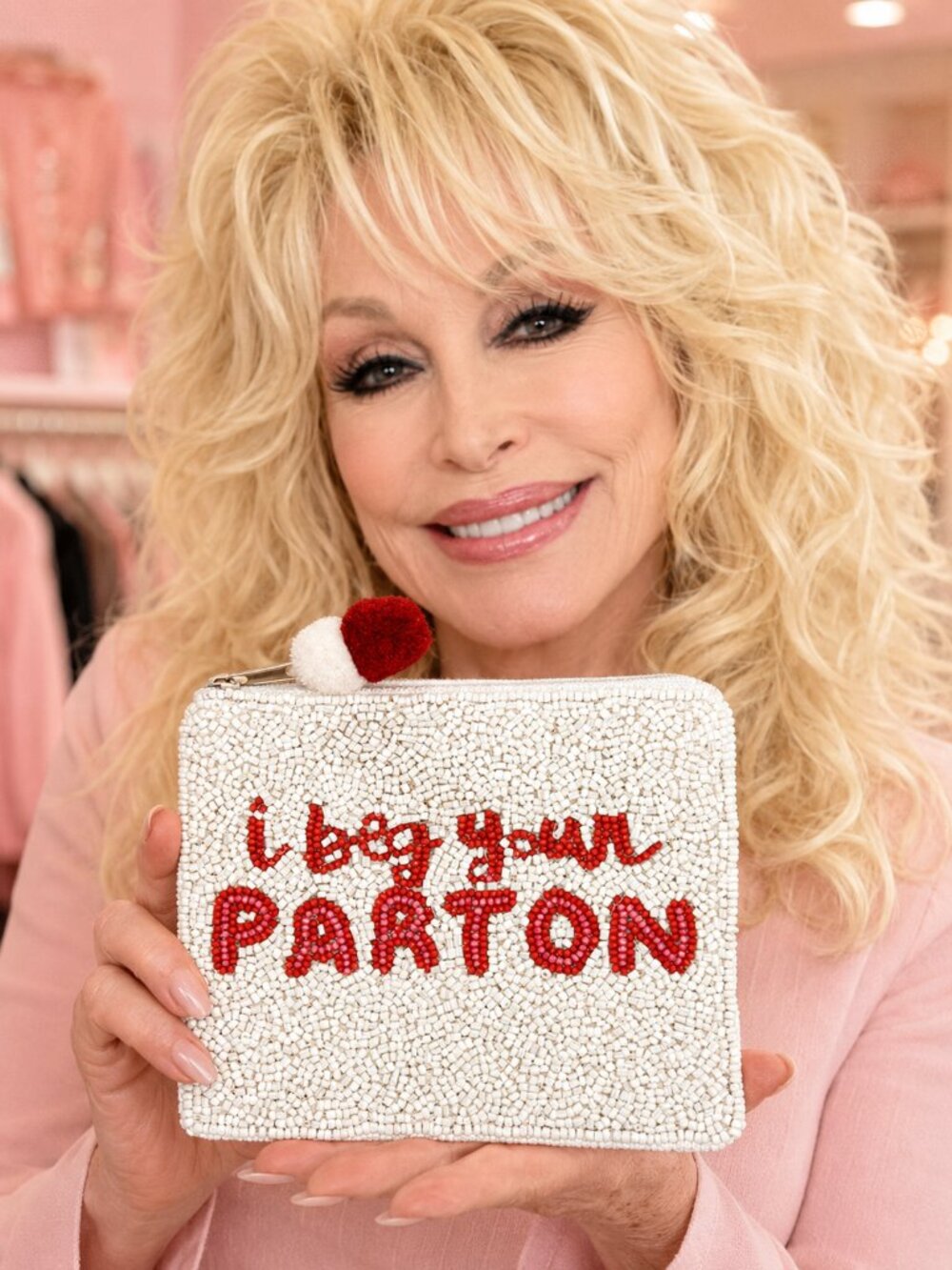 NEW DOLLY PARTON Seed Beaded Larger Style Pom-Pom Zipper Makeup Money Pouch